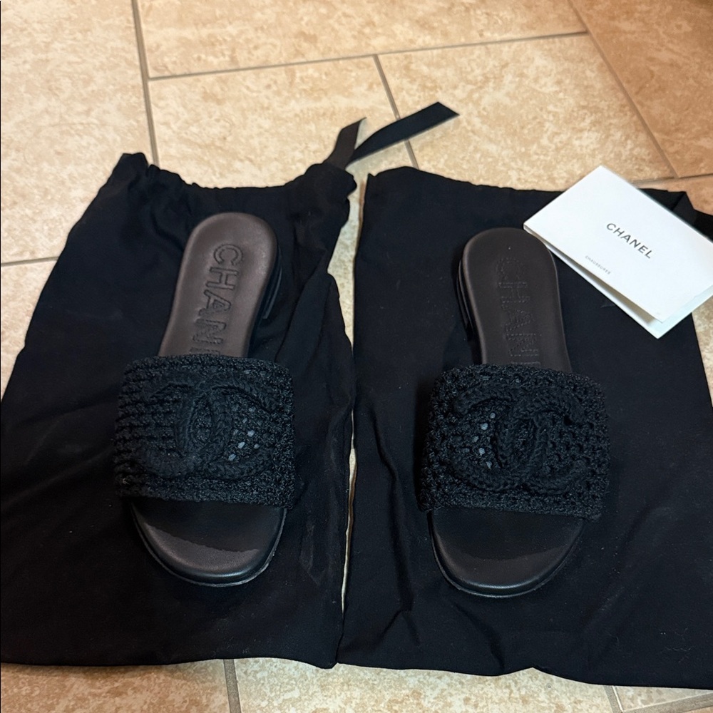 Chanel Black Crochet Slide Sandals